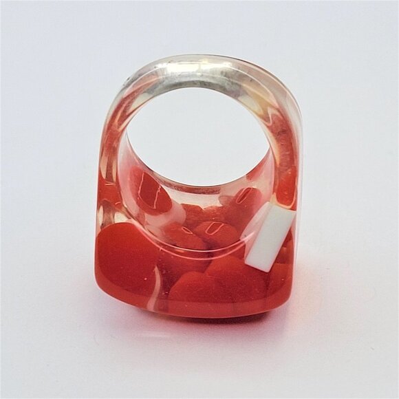 Chunky Square Resin Lucite Ring With Red And White Pill Beads See Through Ring - Picture 8 of 10
